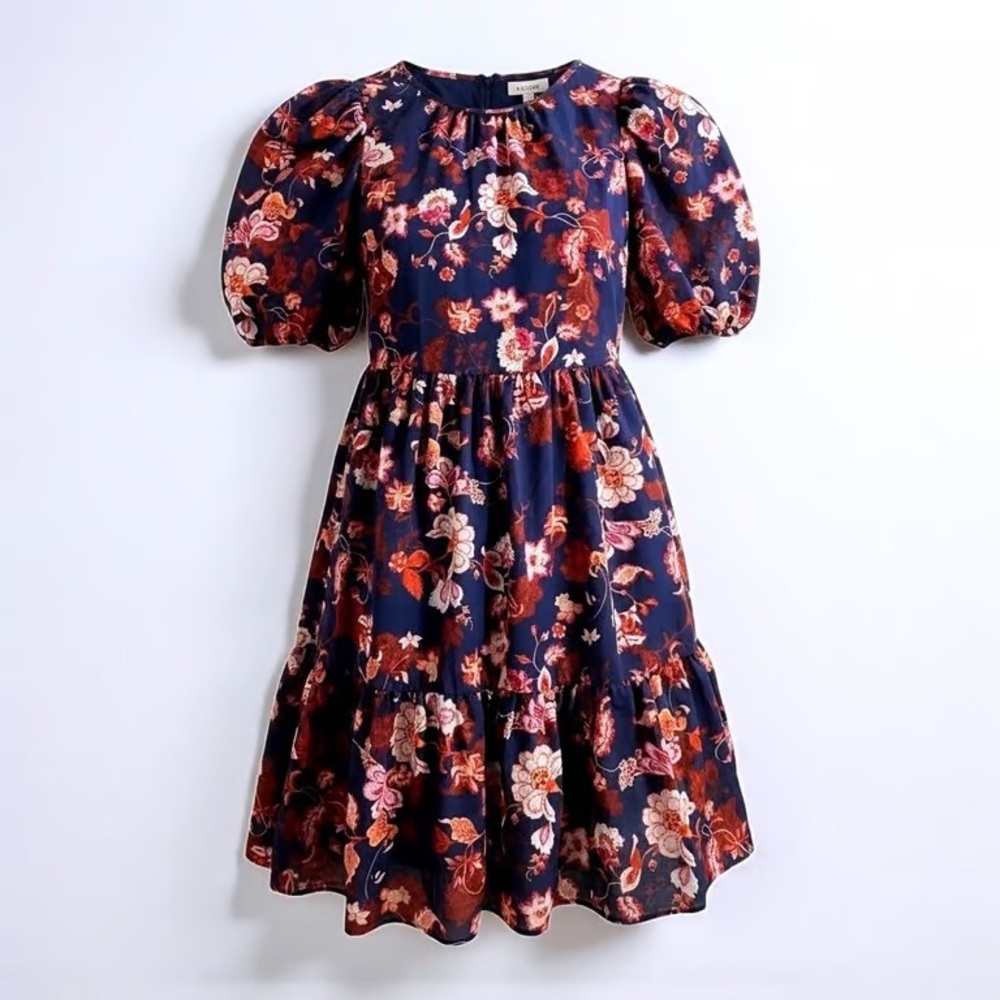 Eliza J Navy Floral Puff Sleeve Tiered Midi Dress Size 6